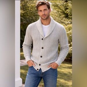 Gap Collared Men's Cardigan Sweater XL Gray Cable Fisherman Thick Washable